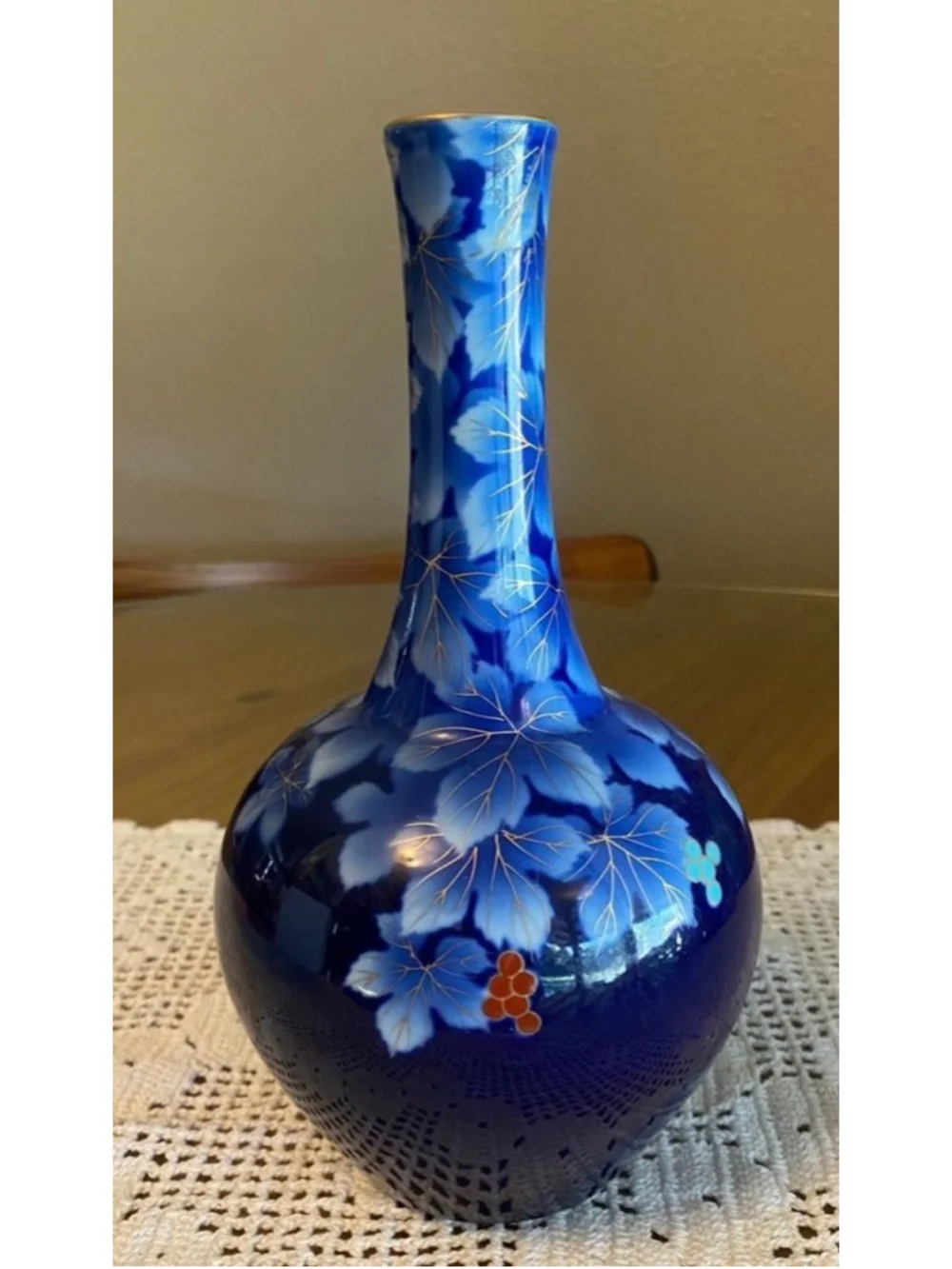 Vintage Japanese Fukagawa cobalt blue porcelain bud vase Grape leaf motif & gold